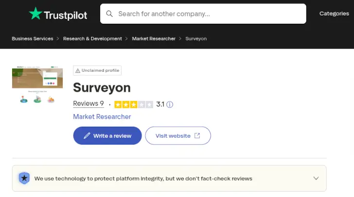 Surveyon di Trustpilot
