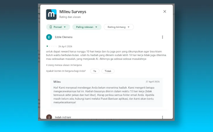 testimoni Milieu di Google Play Store